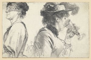 Bystbild av en dam med slöja och en dam med hatt som dricker ur ett glas av Adolph Menzel