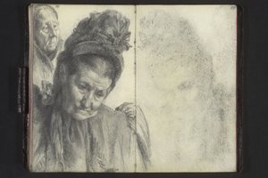 Bystbild av en gammal kvinna med hatt, kvinnohuvud med huvudduk av Adolph Menzel