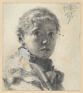 Bröstbild av en flicka åt höger, med huvudet vänt mot betraktaren av Adolph Menzel