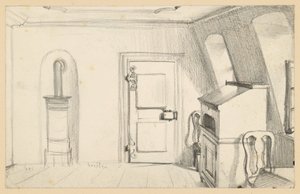 Vindsrum med kamin, dörr, skrivskåp och stolar i Goethehuset i Frankfurt am Main av Adolph Menzel