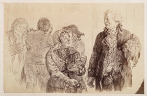 Domaren, med näsduken i höger hand, utbyter de sista orden med den surmulna Marthe. Bakom Marthe utbyter Eve och Ruprecht försoningskyssen, till Heinrich von Kleists ”Den trasiga krukan” av Adolph Menzel