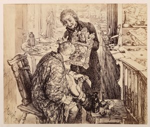 Skrivaren Licht hittar bydomaren Adam när denne förband sitt ben. Adam betraktar sitt sargade ansikte i spegeln som Licht håller upp framför honom, enligt Heinrich von Kleists ”Den trasiga kannan” av Adolph Menzel