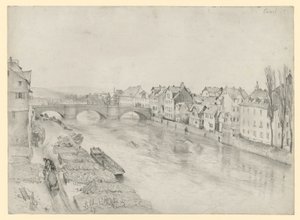 Fulda i Kassel. Flodlandskap med bro och hus av Adolph Menzel