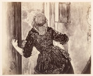 Tjänsteflickan kommer när Adam ringer i klockan; sedd bakifrån, dörren, med höger hand på dörrhandtaget, efter Heinrich von Kleist, ”Den trasiga kannan” av Adolph Menzel
