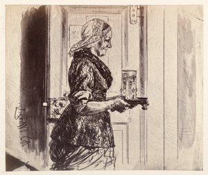 Tjänsteflickan kommer in i rättssalen med det glas vatten som Adam beställt, ur Heinrich von Kleists ”Den trasiga kannan” av Adolph Menzel