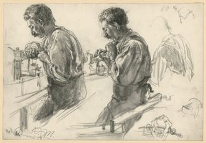 En träsnidare vid arbetsbänken, två studier och detaljer av Adolph Menzel