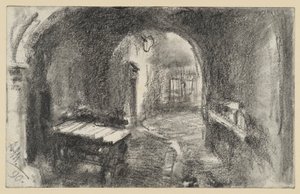 En mörk, välvd passage, med en handvagn längst fram av Adolph Menzel