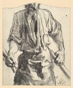Järnarbetare med skinnförkläde och träbitar i händerna. Studie till ”Järnvalsverket. Moderna cykloper” av Adolph Menzel