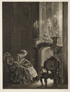 Essä om sten med borste och skrapa: Kvinna som läser vid elden, 1851. av Adolph Menzel