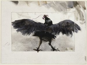 En flaxande korp med ett paket i näbben av Adolph Menzel