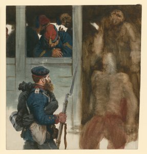 Fransk fångtransport i järnvägsvagnar, med en preussisk infanterist längst fram – en scen från kriget 1870 av Adolph Menzel