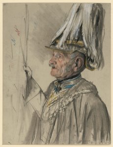Friedrich greve von Wrangel i mantel med hjälm och fjäderbuske, nästan i profil åt vänster, porträttstudie till ”Wilhelm I:s kröning i Königsberg” av Adolph Menzel