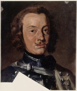 Friedrich Wilhelm Freiherr von Seydlitz-Kurzbach, preussisk kavallerigeneral, eskadronchef vid husarregementet nr 4 (på bilden nedan: detalj av dolmanens snörning); huvudet vänt åt höger, blicken riktad rakt fram av Adolph Menzel