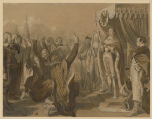 Friedrich Wilhelm, kurfurste av Brandenburg, tar emot de preussiska ståndens trohetsed i Königsberg den 18 oktober 1663. Utkast till ”Minnen ur den brandenburgsk-preussiska historien” av Adolph Menzel