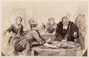 Frukostpaus. Tjänsteflickorna dukar bordet, Adam häller upp. Till vänster går rättsrådet otåligt fram och tillbaka, enligt Heinrich von Kleists ”Den trasiga kannan” av Adolph Menzel