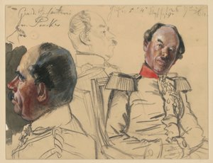 Infanterigeneral Eduard von Peucker, 1. Huvudstudie, profil åt vänster, 2. Bröstbild något åt höger, blick åt vänster, däremellan huvudstudie, profil åt höger, studier till Porzrätts verket ”Wilhelm I:s kröning i Königsberg” av Adolph Menzel