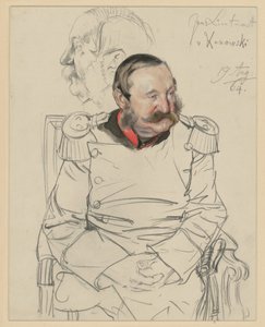Generallöjtnant von Kumowski, knäbild, sittande framifrån, huvudet lutat framåt åt vänster, vänster: huvudstudie i profil åt vänster, porträttstudie till ”Wilhelm I:s kröning i Königsberg” av Adolph Menzel