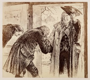 Domaren Walter träder in genom dörren från höger, medan han vänligt lyfter på hatten, och hälsas underdånigt av Adam och Licht, till Heinrich von Kleists ”Den trasiga kannan” av Adolph Menzel