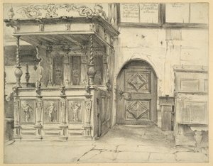 Bänkar och dörr i Friedenskirche i Jauer av Adolph Menzel