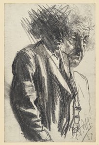 Halvfigur av en äldre man (huvudet bortkastat), ansiktet upprepat av Adolph Menzel
