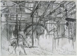 Hallen i valsverket i Königshütte. Studie om ”Järnvalsverket. Moderna cykloper” av Adolph Menzel