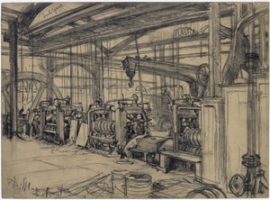 Hallen i valsverket i Königshütte. Studie om ”Järnvalsverket. Moderna cykloper” av Adolph Menzel