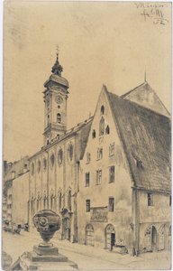 Heiliggeistkyrkan med sjukhusets tidigare kvinnoravdelning på Kaufinger Straße i München av Adolph Menzel