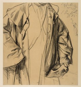 Heinrich von Kleist, Den trasiga kannan: Modellstudie av en officer i rock, huvudet ej avbildat, halvfigur med hatt i vänster hand och käpp i höger av Adolph Menzel