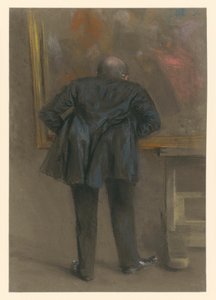 En man som står framåtböjd framför en tavla, sett bakifrån av Adolph Menzel