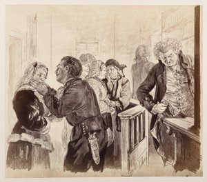 I rättssalen efter Adams flykt. Domaren tittar på klockan. Eve och Ruprecht försonas, till Heinrich von Kleists ”Den trasiga krukan” av Adolph Menzel