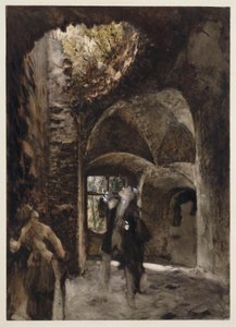 I ruinen står en man och en kvinna på ett trappavsats och blickar upp mot ett stort hål i valvet av Adolph Menzel