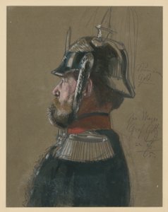 Karl Friedrich greve von Goltz, generalmajor, bröstbild med hjälm och värja, profil åt vänster, porträttstudie till ”Kröningen av Wilhelm I i Königsberg” av Adolph Menzel
