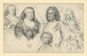 Drottning Sofia Dorothea av Preussen, kejsarinnan Elisabet av Ryssland, kung August II av Polen, kung August III av Polen, Ludvig XV av Frankrike av Adolph Menzel