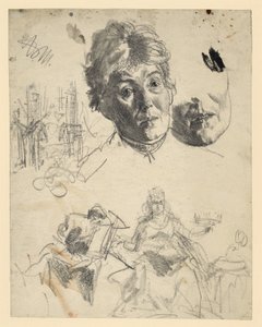 Huvudet på en äldre kvinna, där hakan återkommer, arkitekturskiss, figurativ skiss till en allegori av Adolph Menzel