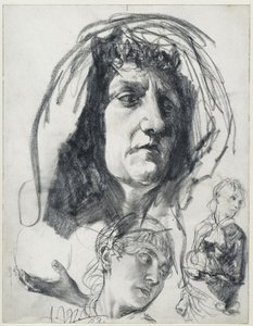 Huvud av en äldre kvinna med sjal, studier av en yngre kvinna med melonhatt. Modellstudier till ”Piazza d’Erbe” av Adolph Menzel