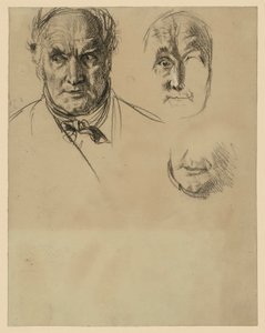 Huvudet på en äldre man med halsduk och två detaljstudier av ansiktet av Adolph Menzel