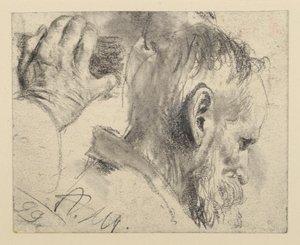 Huvudet på en skäggig man, något nedböjt, åt höger och högerhanden av Adolph Menzel