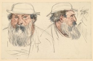 Huvudet på en skäggig man i två studier av Adolph Menzel