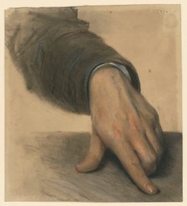 Vänster hand med underarmen i ärmen, tummen och pekfingret utsträckta mot en yta av Adolph Menzel
