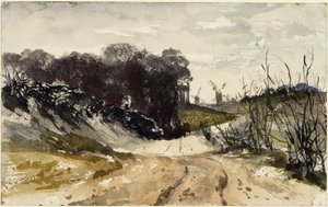 Landskap i Märken med väderkvarnar i bakgrunden av Adolph Menzel