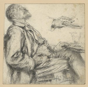 Man sittande vid ett bord, vänd åt höger, med huvudet lutat bakåt och blicken riktad uppåt samt handstudie av Adolph Menzel
