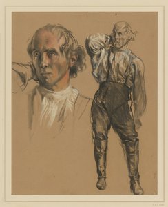 Man i skjorta, byxor och höga stövlar, stående en face, med högra handen i nacken, blick åt vänster, till vänster: större huvudstudie av Adolph Menzel