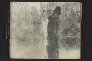En man med hög hatt och paraply som tittar igenom lappar som hänger på väggen av Adolph Menzel