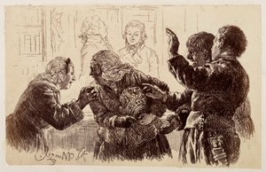 Marthe, med krukskärvorna i famnen, står mellan Veit och Ruprecht, och Eve ber sin mor att avstå från att klaga, ur Heinrich von Kleists ”Den trasiga kruksen” av Adolph Menzel