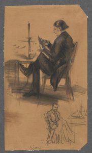 En man med kort i handen vid ett spelbord (överst); en man som sitter vid bordet och klappar en hund (nederst) av Adolph Menzel
