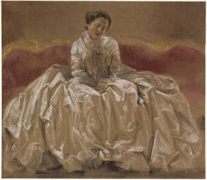 Modellstudie (Menzels syster Emilie) förställande prinsessan Wilhelmine av Preussen (markgrevinnan Wilhelmine av Bayreuth) sittande på soffan. Förstudie till målningen ”Fredrik den stores flöjtkonsert i Sanssouci” av Adolph Menzel