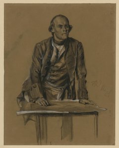 Modellstudie av prins Heinrich av Preussen, halvfigur i framifrånperspektiv, böjd över ett bord, ”Från kung Fredriks tid. Krigs- och fredshjältar”, 1856 (se Bock 1071) av Adolph Menzel