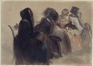 Musikalisk soaré: sex damer sitter på stolar i en rad som sträcker sig åt höger in i djupet, varav några är i samtal av Adolph Menzel