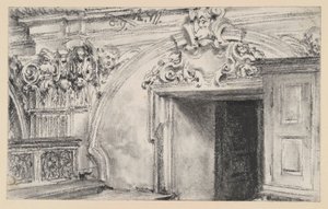 Den övre delen av dörrväggen i en sakristia med ett träskåp av Adolph Menzel
