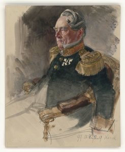 Överregierungsrat Knerk, bröstbild åt vänster, 3/4-profil, med namnet på den avbildade personen, porträttstudie till målningen ”Wilhelm I:s kröning i Königsberg” av Adolph Menzel